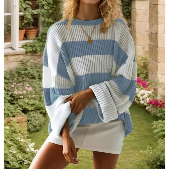 Women's Blue White Pullover Drop Shoulder Long Sleeve Retro Stripe Fall Sweater - Picture 3 of 4